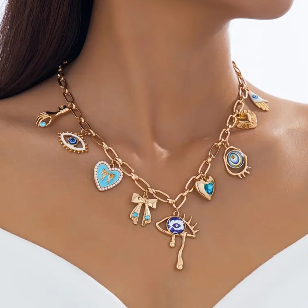 NEW Gold and Blue Charm Necklace with Astrology Pendants Handmade - Picture 7 of 7